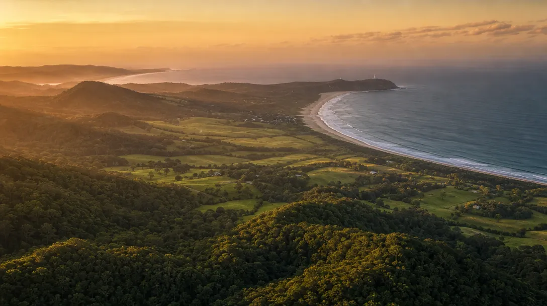 Aerial view of the Byron Bay coastline and hinterland at dusk