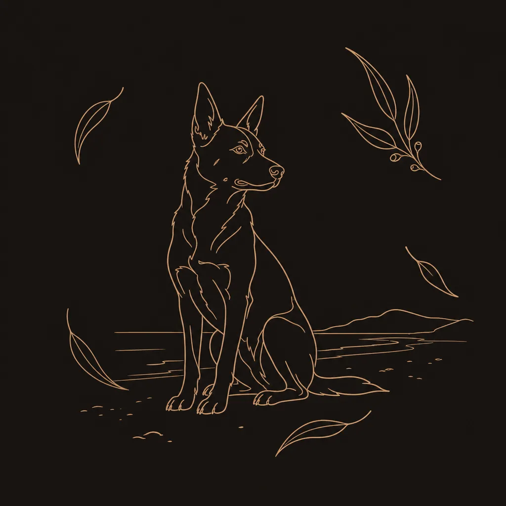 Line illustration of a kelpie on the beach, drawn in the SaltyDog brand style